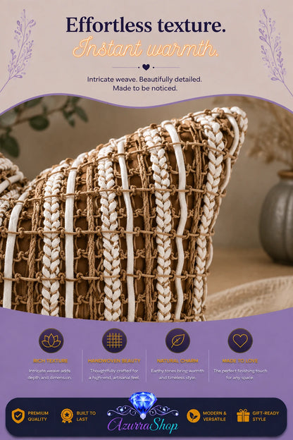 Close-up of the chunky brown and cream woven fabric texture on the throw pillow