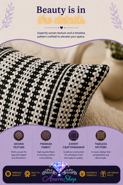 Close-up of the black and white houndstooth texture on the pillow cover