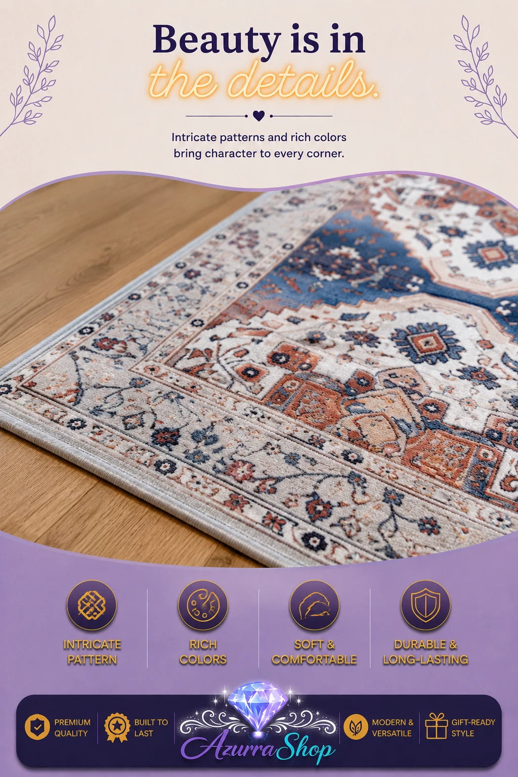 Close-up of the medallion pattern on the rug in navy blue, terracotta, and cream tones on a wood floor, with an Azurra Shop promotional banner