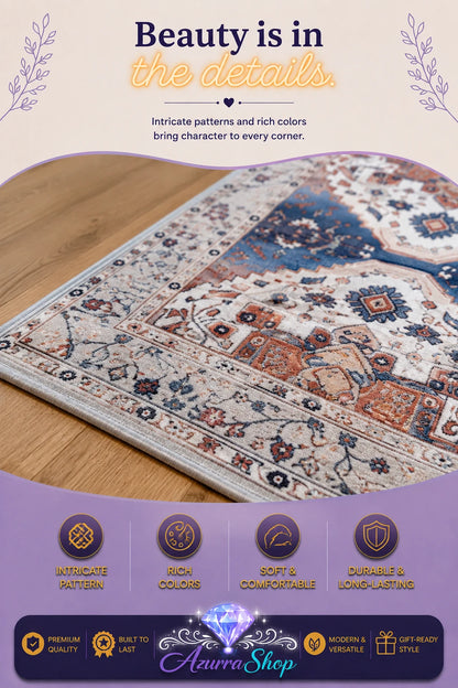 Close-up of the medallion pattern on the rug in navy blue, terracotta, and cream tones on a wood floor, with an Azurra Shop promotional banner