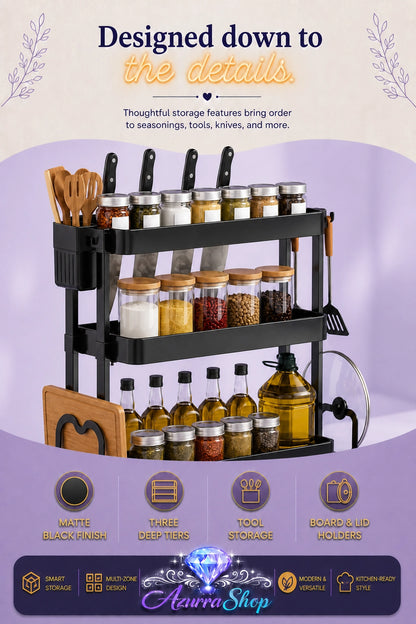 A three-tier black spice rack organizer with glass jars, bottles, and kitchen tools, shown on a purple promotional background with text and feature icons. The brand name &