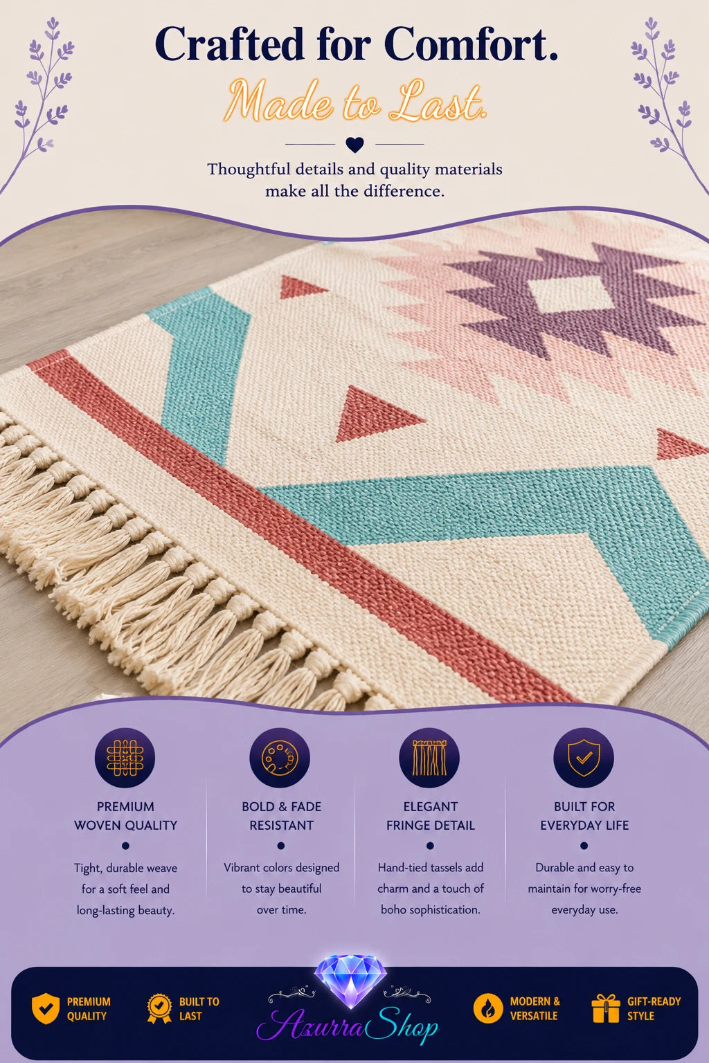 Close up of hand woven cotton linen runner rug showing geometric diamond and triangle pattern in terracotta, teal, cream, and mauve with fringed edge