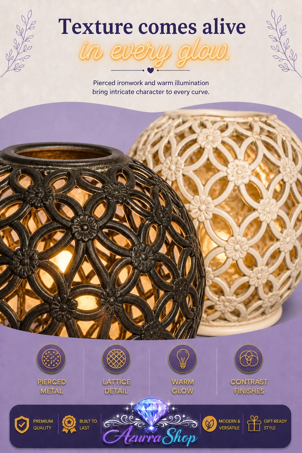 Two decorative metal lanterns with intricate pierced lattice designs, one in black and one in cream, glowing with warm light. The image is a promotional graphic with text and a purple footer banner featuring the brand name Azurra Shop.