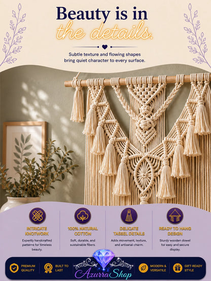Close-up of a macrame wall hanging showing the geometric knot pattern and layered fringe detail.