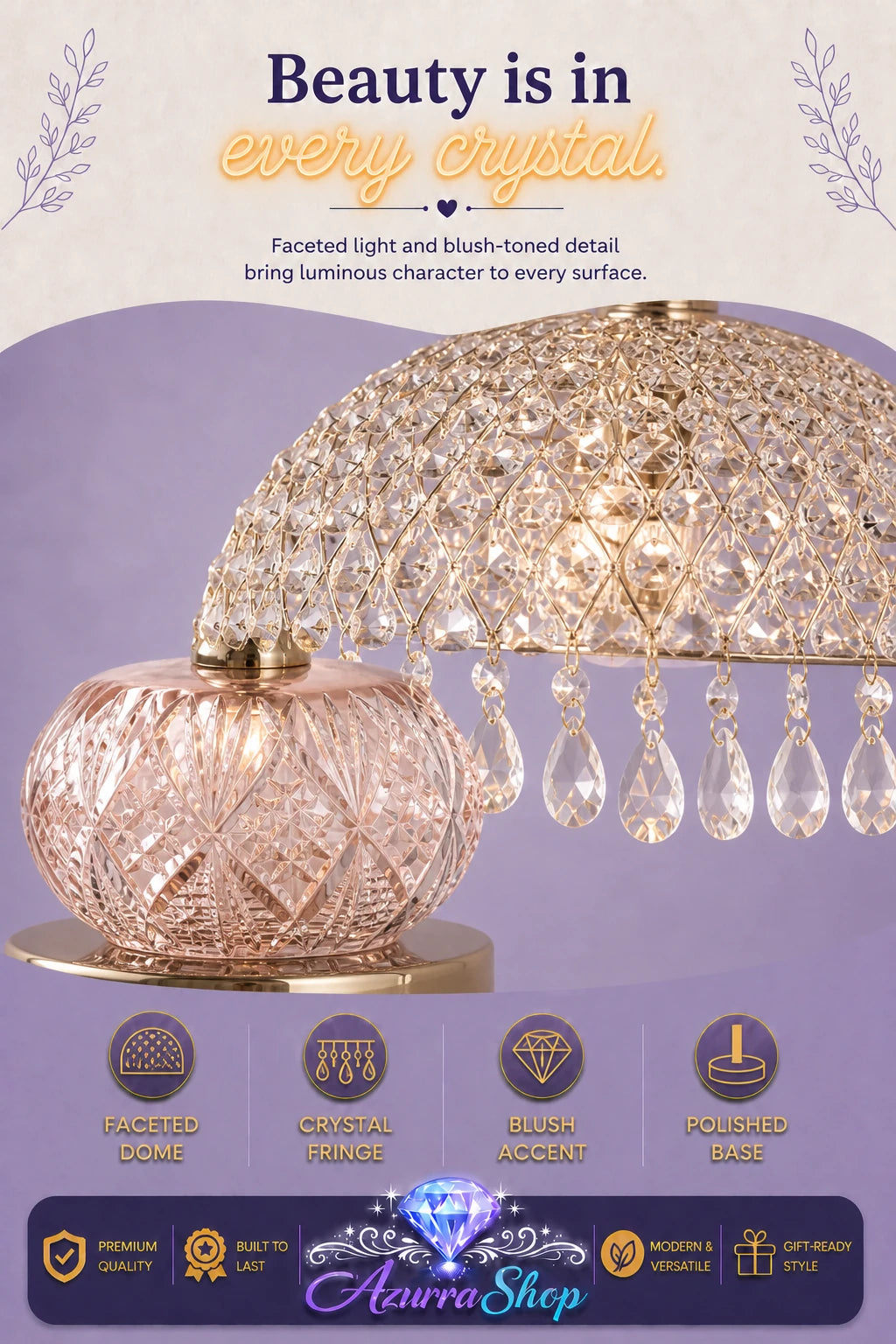 A close-up of a decorative crystal lamp with a faceted dome shade and hanging teardrop crystals, shown on a purple background with promotional text and feature icons. The brand name Azurra Shop appears at the bottom.