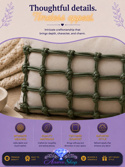 Close-up of the green knotted lattice texture on the pillow cover