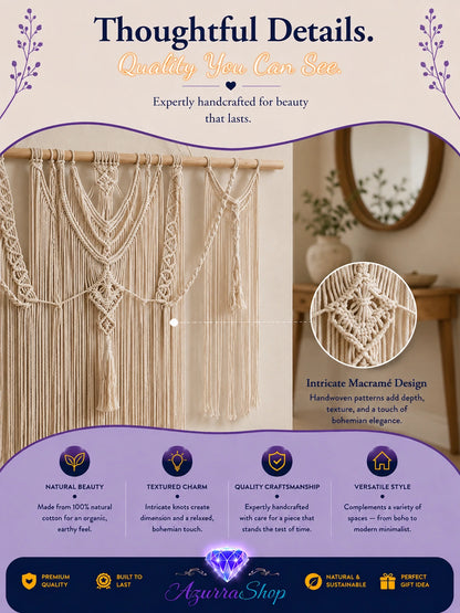 Close-up detail of a white macrame tassel wall hanging showing the woven knot pattern and fringe texture.