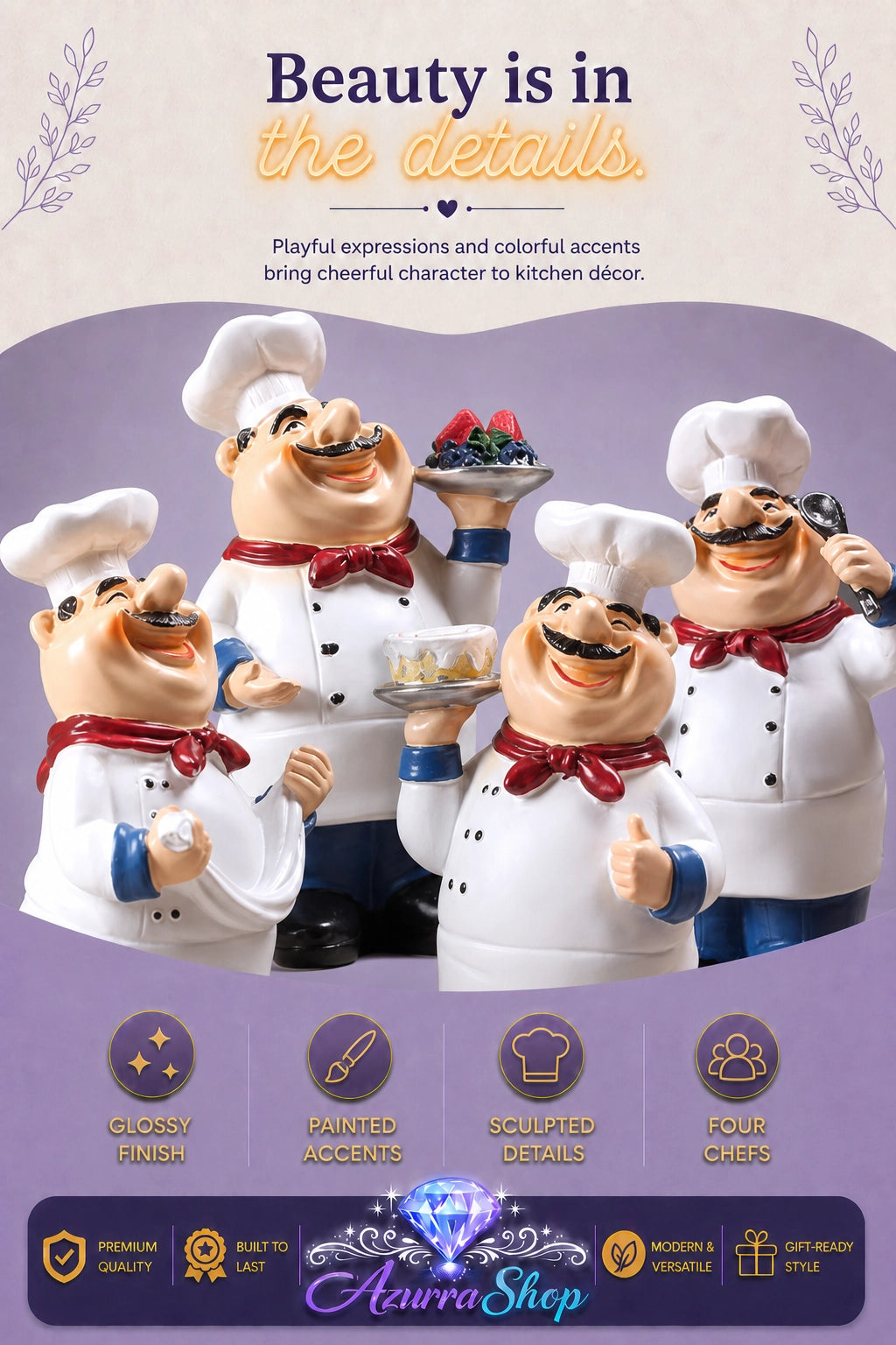 Close-up view of all four hand-painted resin chef figurines showing their painted facial details, chef hats, and coats