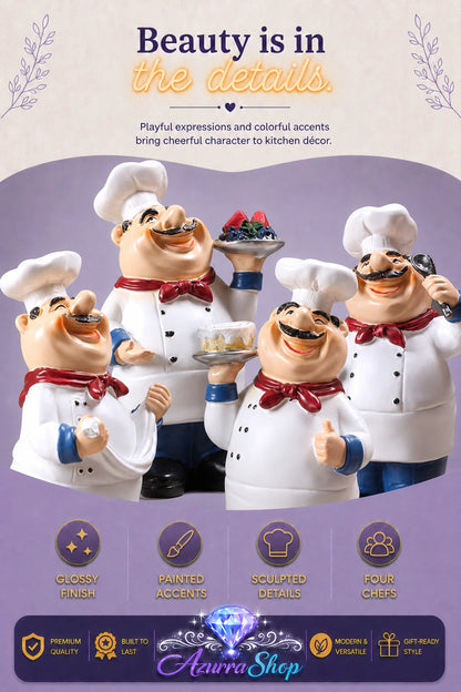 Close-up view of all four hand-painted resin chef figurines showing their painted facial details, chef hats, and coats