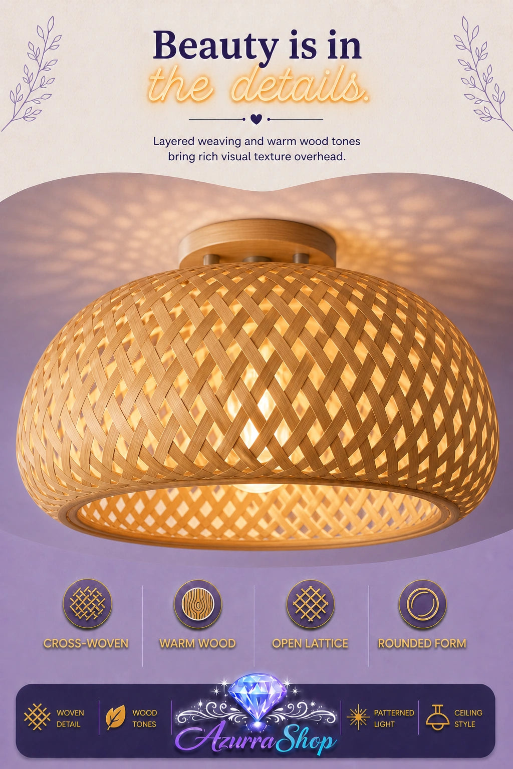 Close-up of a woven wood ceiling lamp shade with a diamond lattice pattern, lit from within, showing the natural wood texture and weave detail