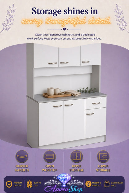 White kitchen storage cabinet with curved silver handles, an open worktop, and upper and lower storage compartments.