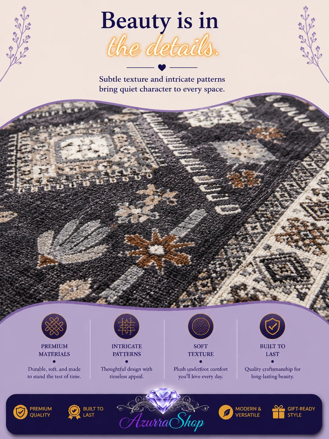 Close-up of a dark gray and beige patterned faux wool rug showing intricate floral and geometric detail, with an Azurra Shop promotional banner