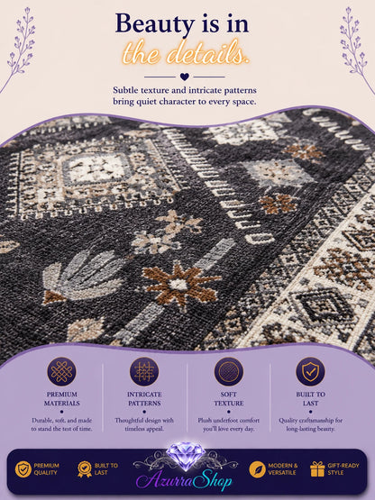 Close-up of a dark gray and beige patterned faux wool rug showing intricate floral and geometric detail, with an Azurra Shop promotional banner