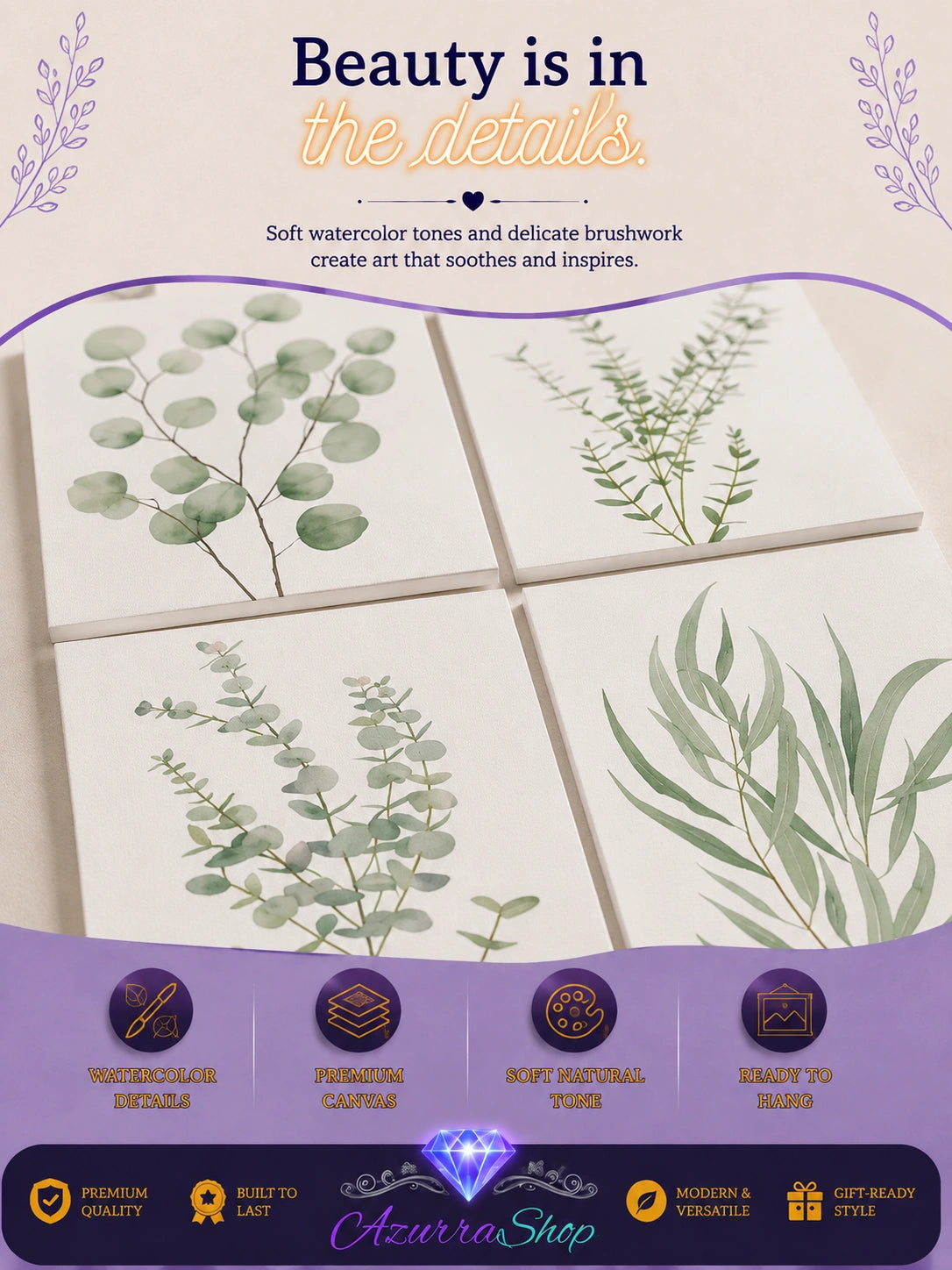 Close-up of four framed sage green eucalyptus and leaf botanical prints showing soft watercolor detail and canvas texture, with an Azurra Shop promotional banner