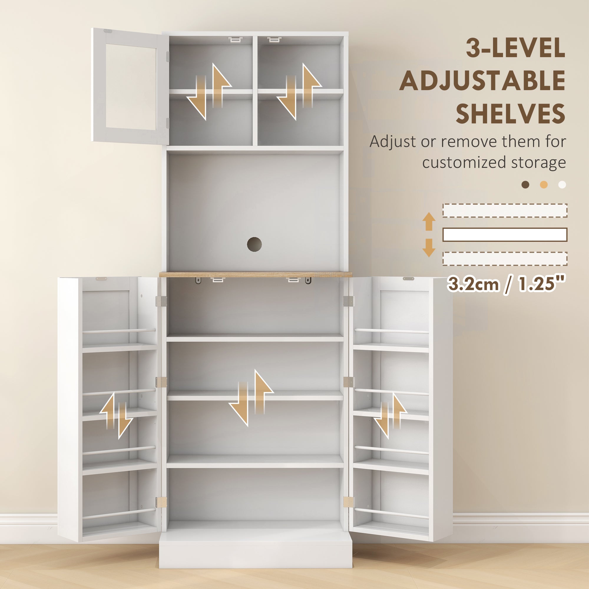 66.5" White Kitchen Pantry Cabinet with Glass Doors