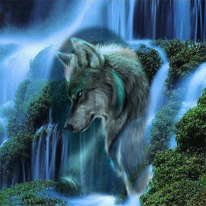 Wolf and waterfall diamond painting kit – 8x8" to 20x20" square wildlife nature wall art by Azurra Shop