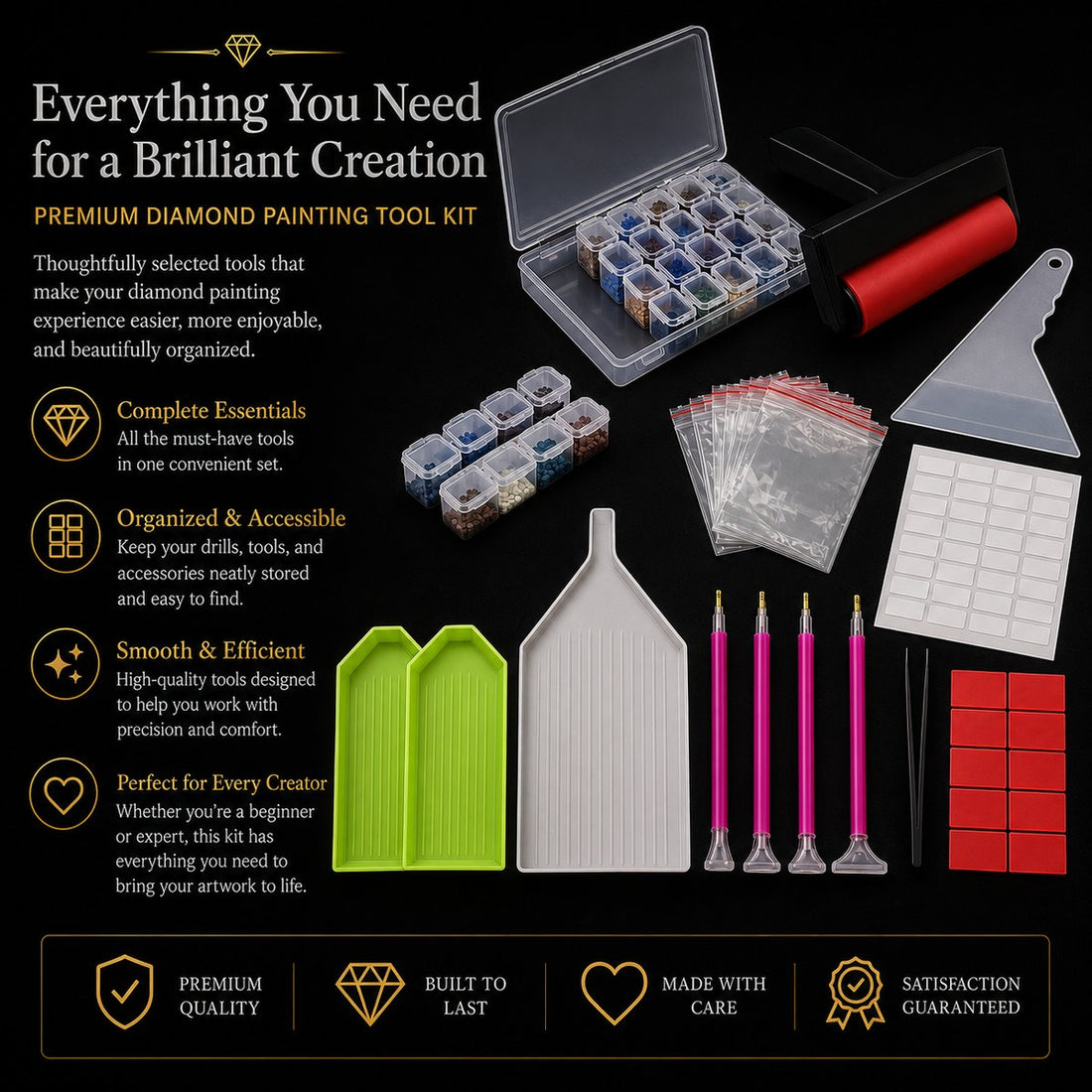 42 piece diamond painting tool set including storage box, roller, trays, pens, and wax squares