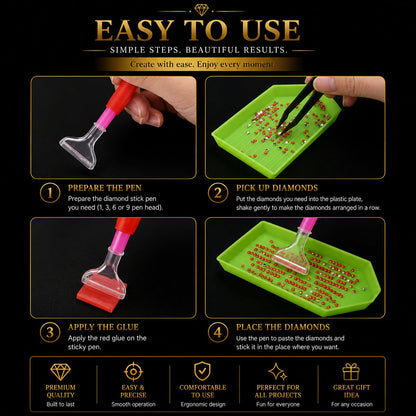 Step by step photos showing how to prepare the pen, pick up diamonds, apply glue, and place diamonds