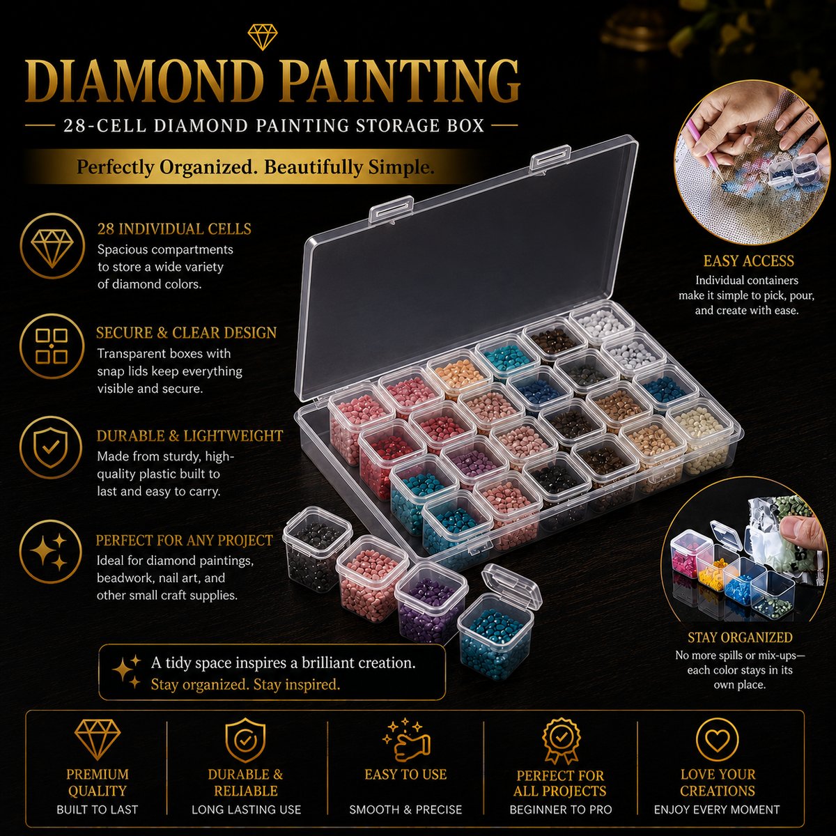 28 cell diamond painting storage box filled with sorted diamond colors