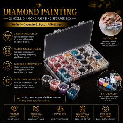 28 cell diamond painting storage box filled with sorted diamond colors