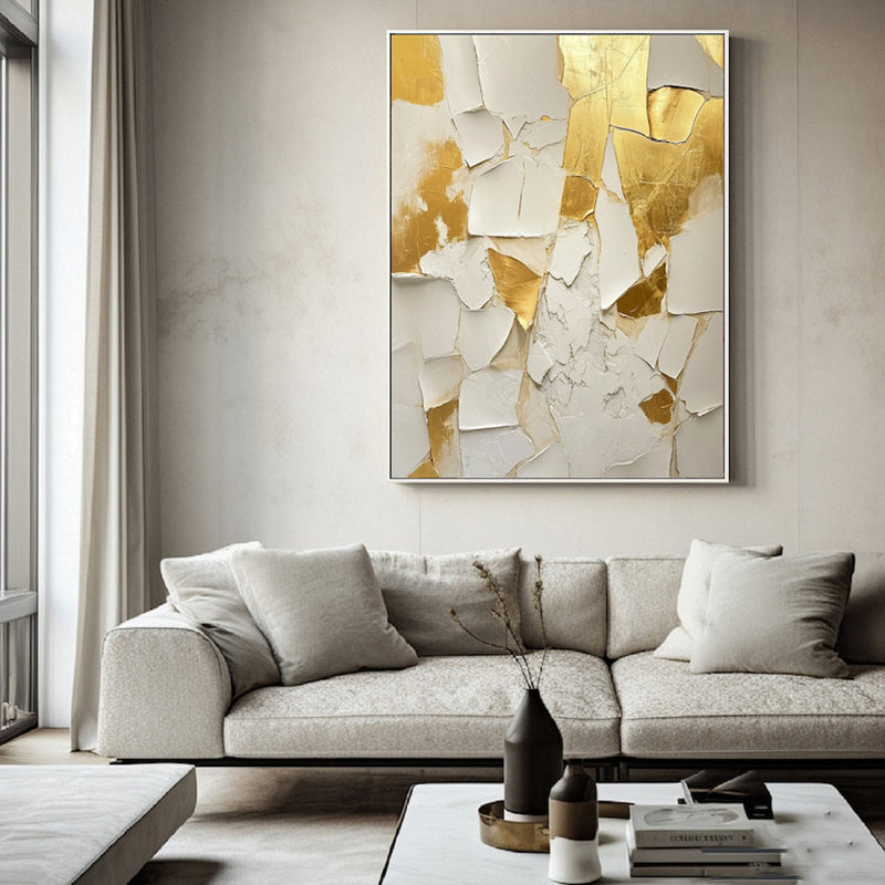 Handmade Abstract Oil Painting — Golden &amp; White Texture