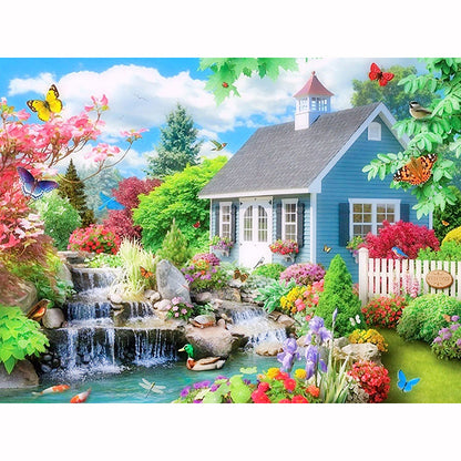 Church cottage by stream diamond painting kit – 8x10" to 32x40" round or square drill pastoral countryside wall art by Azurra Shop
