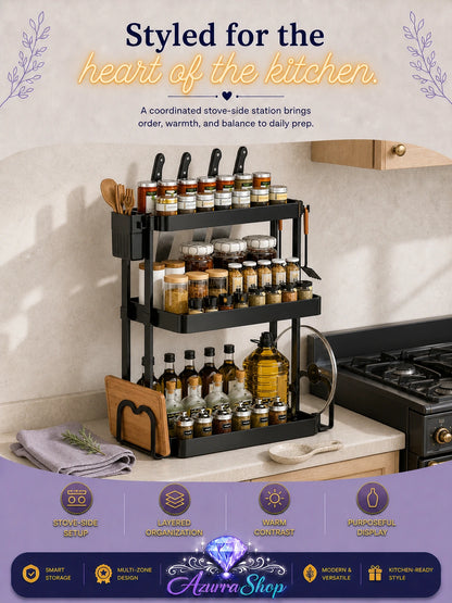 A three-tier black metal spice rack holding jars, bottles, and kitchen tools, positioned on a countertop beside a stove, with promotional text and feature icons overlaid.