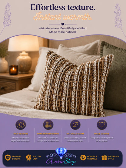 Chunky brown and cream woven throw pillow layered on a bed next to a lit candle and lamp