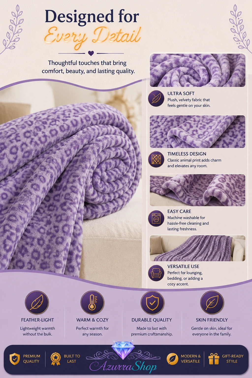 Lavender leopard print plush fleece blanket folded to show detail, with an Azurra Shop promotional banner