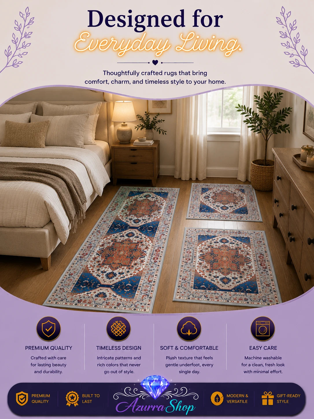 Two navy blue and terracotta medallion-patterned rugs laid beside a bed in a furnished bedroom, with an Azurra Shop promotional banner