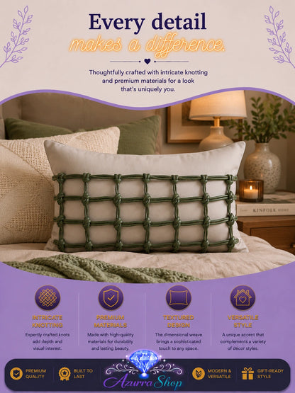 Green knotted lattice-patterned pillow styled on a bed with beige and green pillows