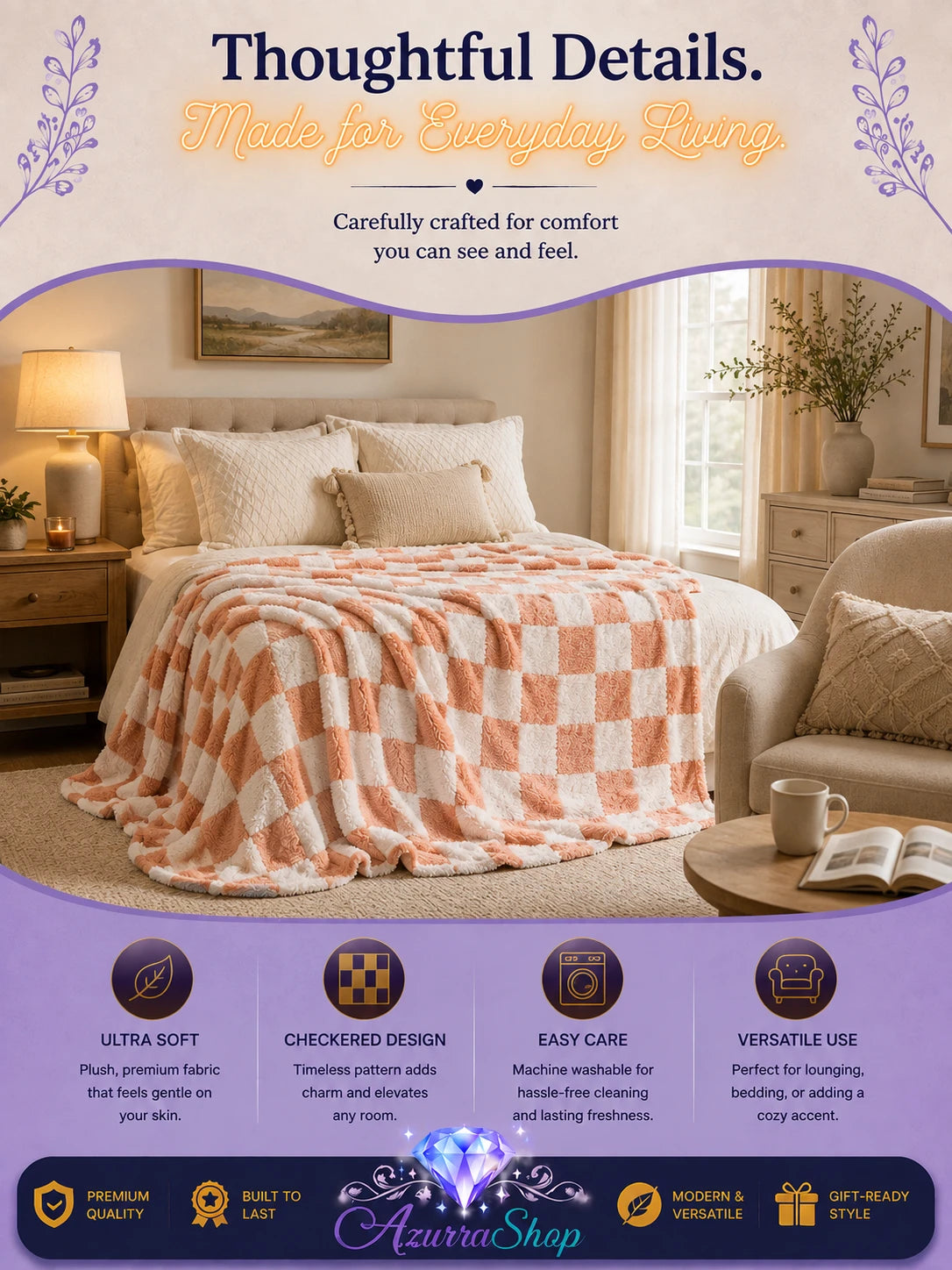 Pink and white checkerboard fleece throw blanket styled on a bed in a bedroom, with an Azurra Shop promotional banner