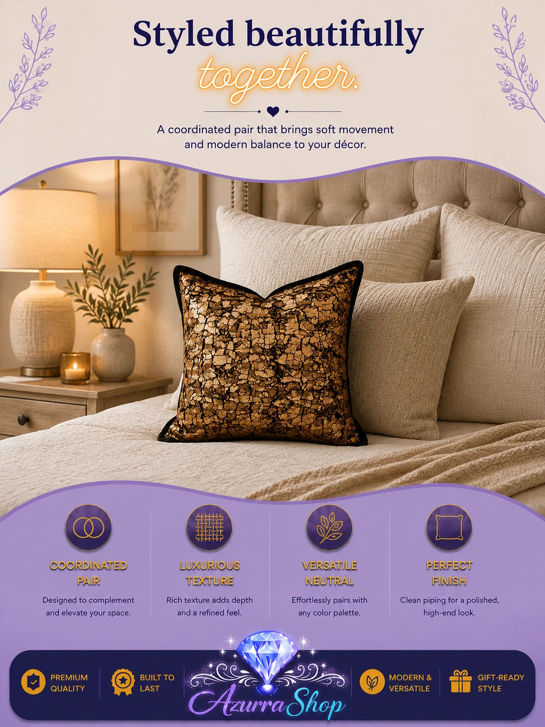 Black and gold lace-patterned throw pillow styled on a bed with beige linen bedding and matching pillows