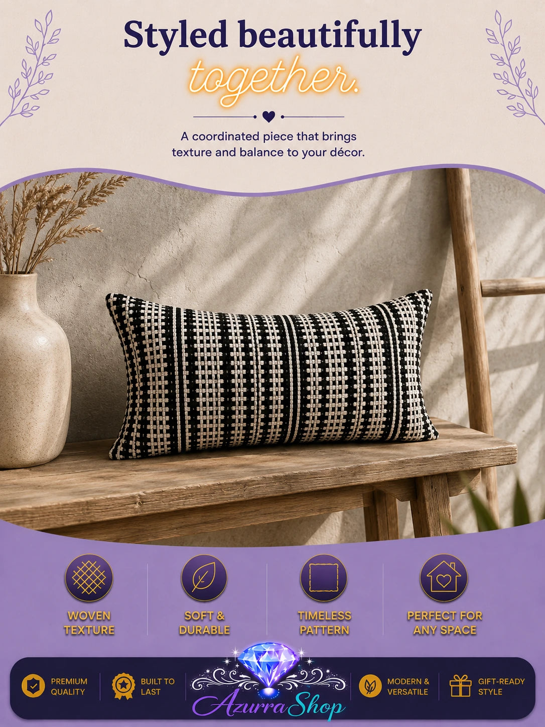 Black and white houndstooth-patterned lumbar pillow styled on a wooden bench next to a vase