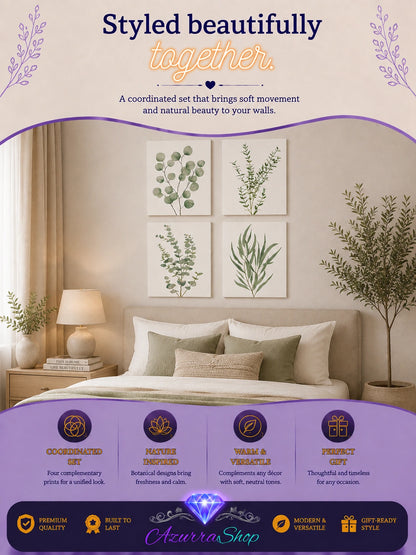 Four framed sage green eucalyptus and leaf botanical prints hung above a bed in a bedroom, with an Azurra Shop promotional banner