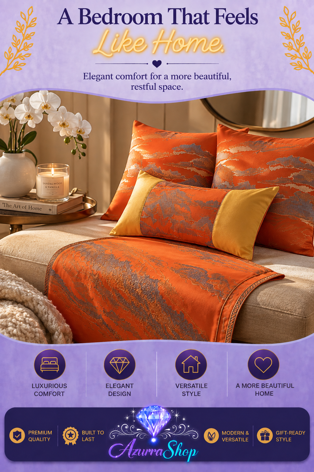 Chinese Landscape Style Bed Runner &amp; Pillow Set