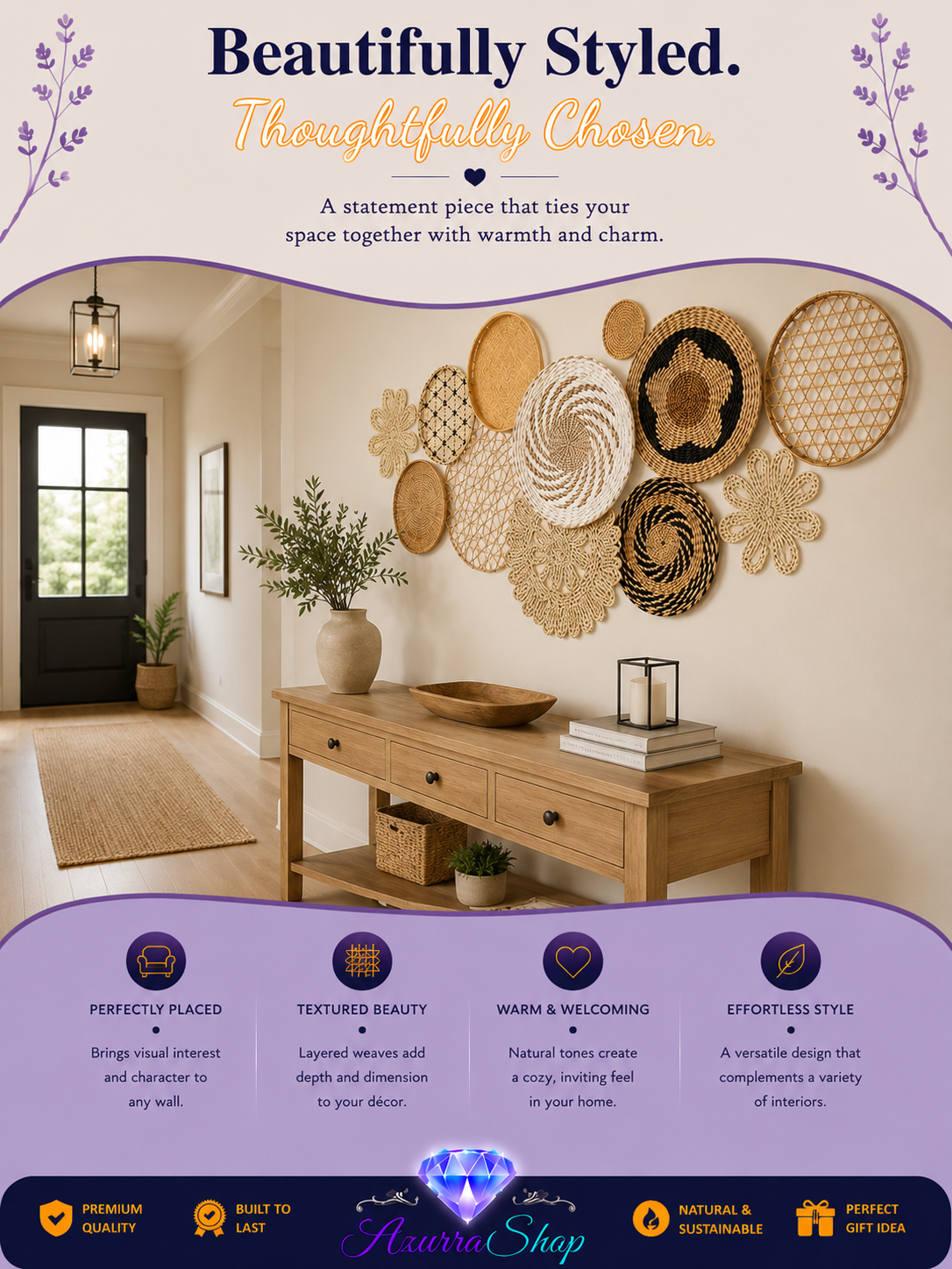 Beige boho woven wall hanging discs displayed above a wooden console table in an entryway, styled with a lamp and framed art.