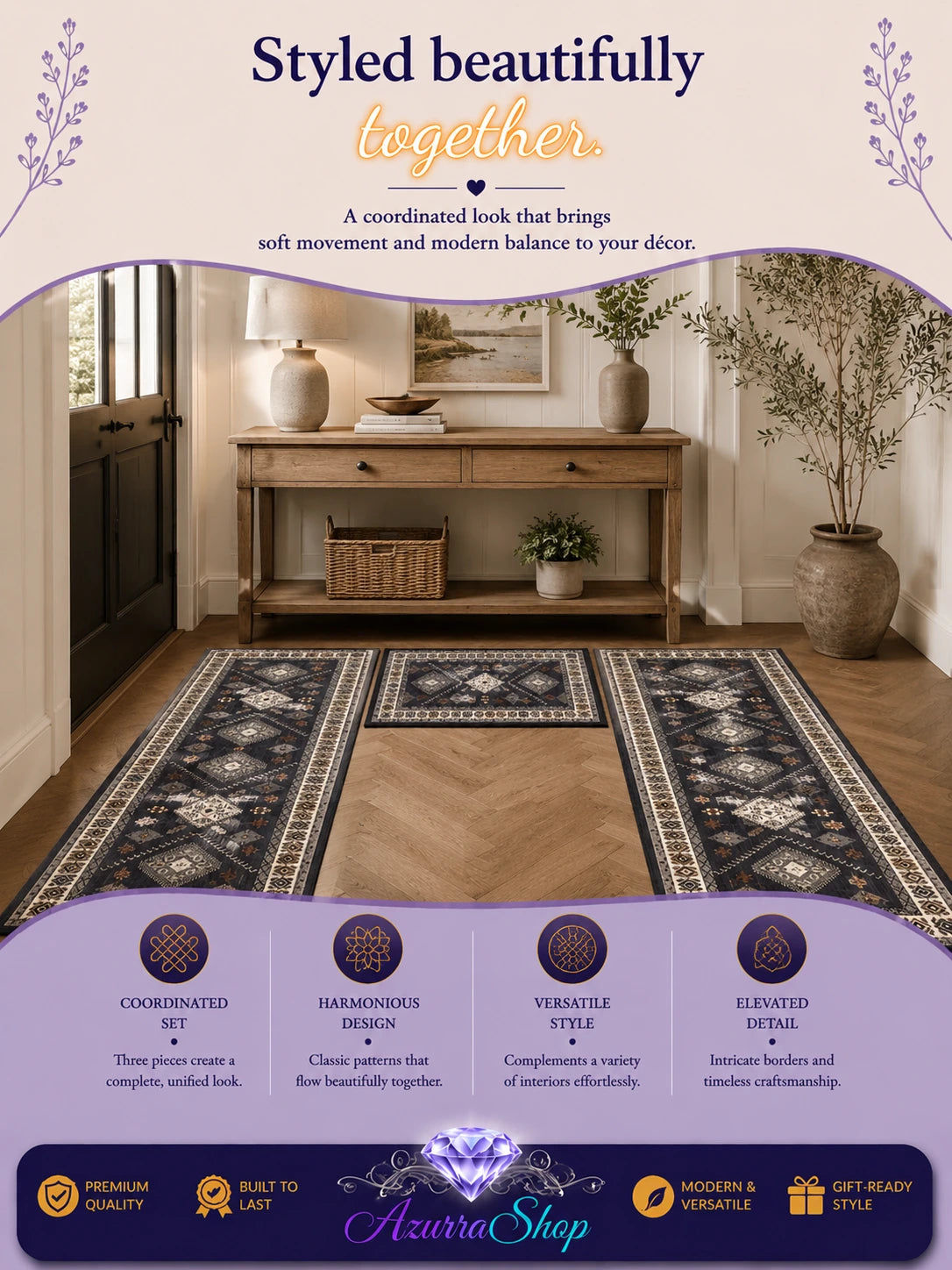 Three coordinated dark patterned rugs styled together in a warm wood-toned entryway, with an Azurra Shop promotional banner