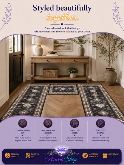 Three coordinated dark patterned rugs styled together in a warm wood-toned entryway, with an Azurra Shop promotional banner
