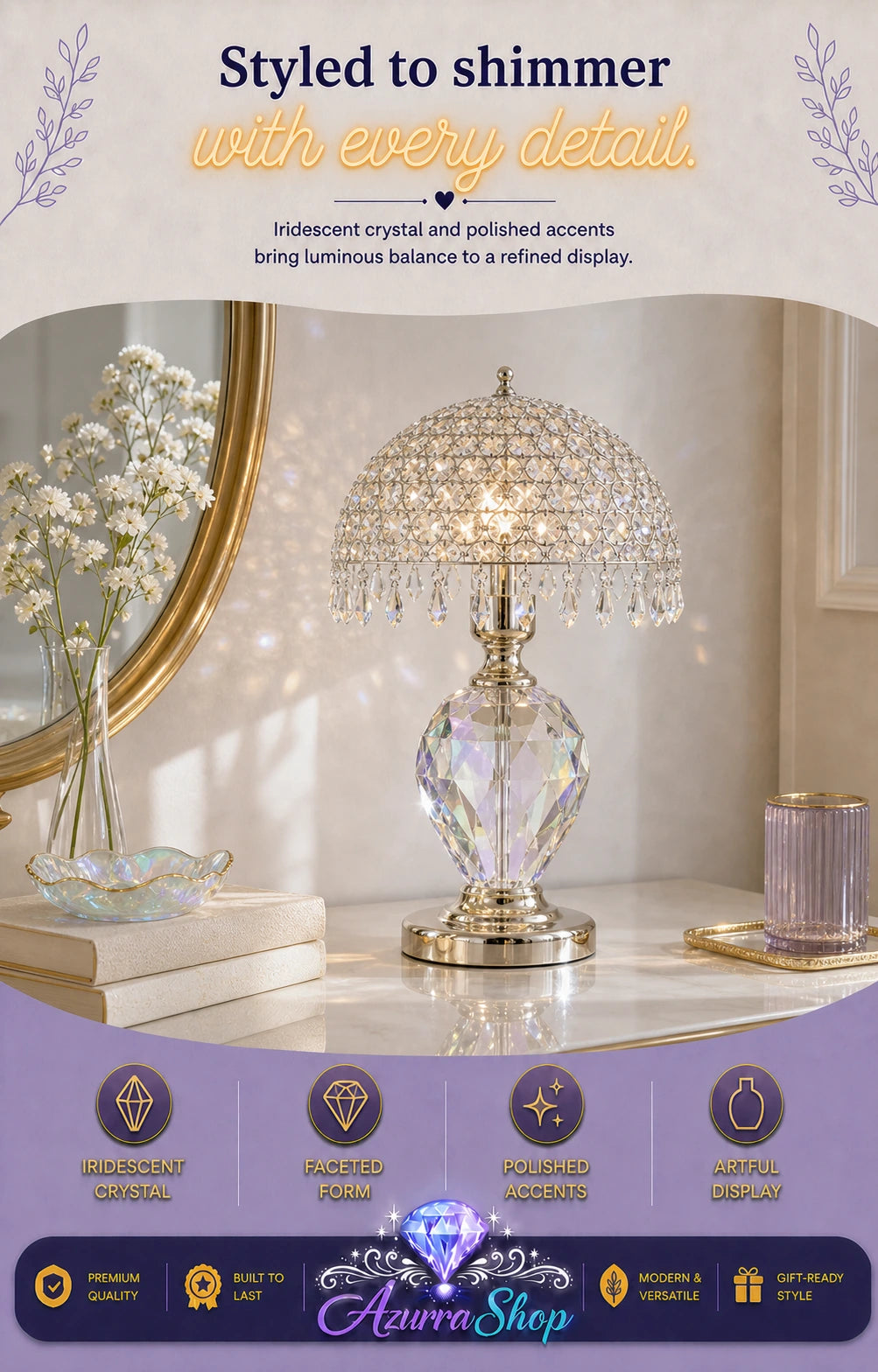 A crystal table lamp with a gold-toned base and a dome of hanging clear crystals, shown lit on a tabletop in a styled interior scene. The image includes promotional text and feature icons, with the brand name Azurra Shop at the bottom.