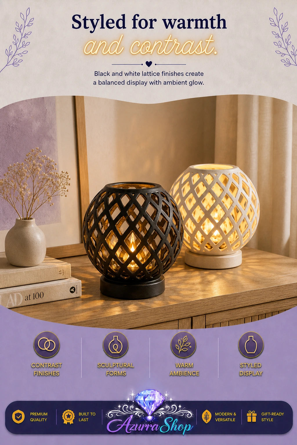 Two decorative iron lattice table lamps, one black and one white, glowing on a wooden surface in a styled interior scene. The image includes promotional text and feature icons with the Azurra Shop brand banner.