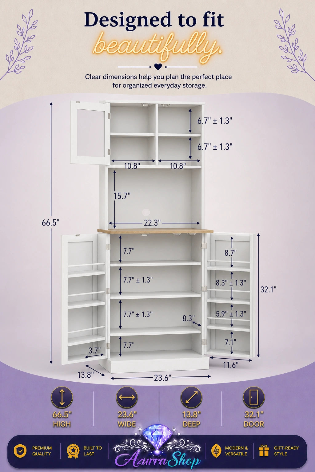 White pantry hutch shown open with dimension measurements labeled for the cabinet, shelves, and doors.
