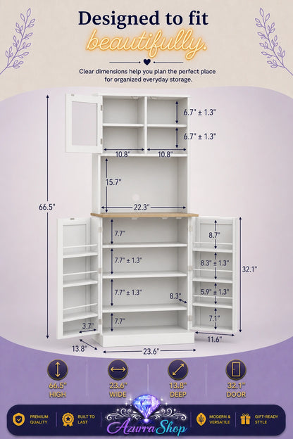 White pantry hutch shown open with dimension measurements labeled for the cabinet, shelves, and doors.