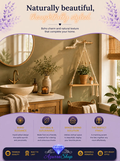 Macrame wall shelf with a potted plant, mounted above a wooden vanity in a bathroom with a round mirror and bowl sink.