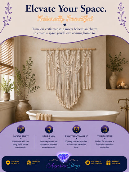 White macrame tassel wall hanging displayed above a bathtub in a neutral, spa-style bathroom.