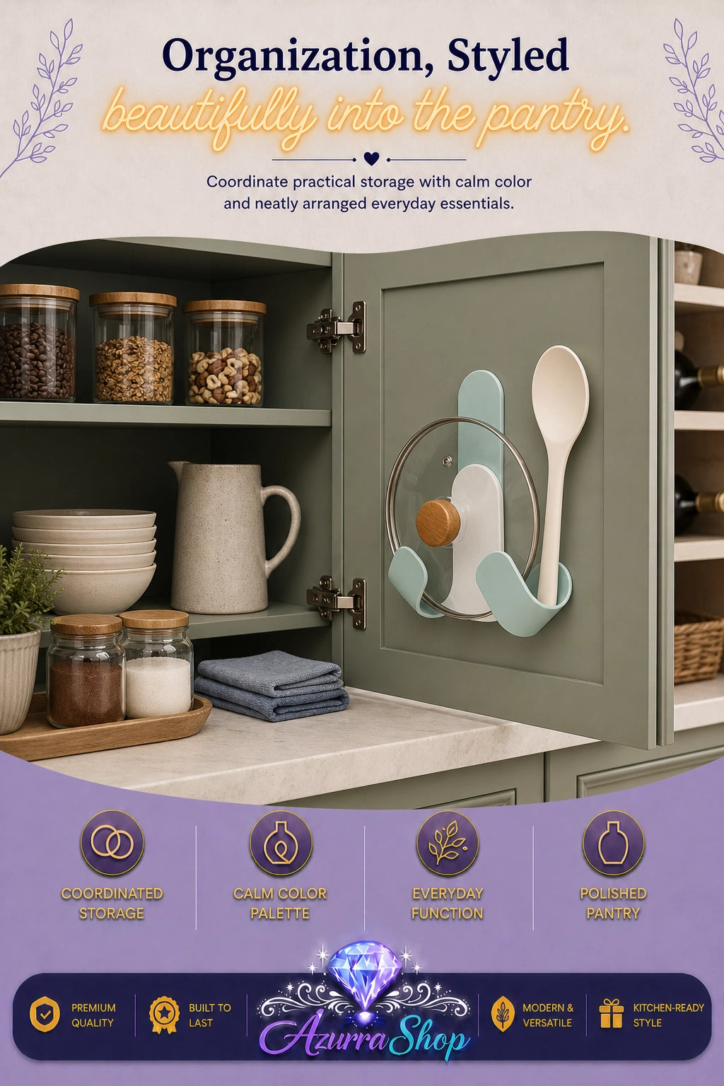 A kitchen pantry scene showing the pot lid holder installed on a sage green cabinet door, holding a pot lid by its knob and a spoon in the bracket below. The scene includes promotional text at the top and a purple banner at the bottom with the brand name Azurra Shop.