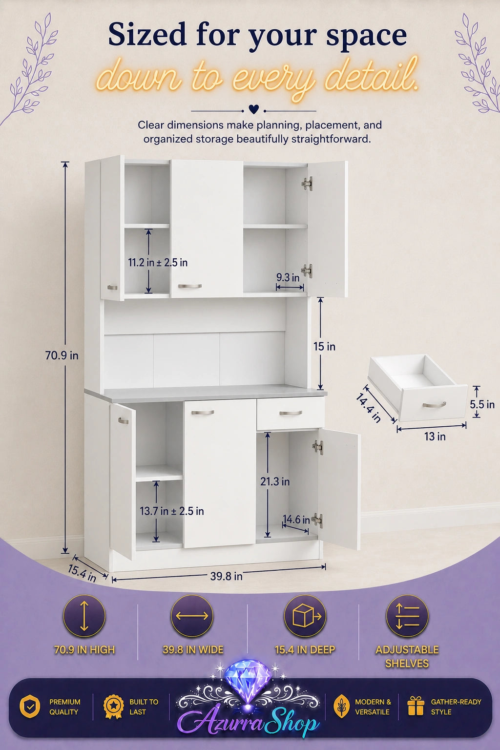 White pantry hutch with a built-in drawer, shown open with dimension measurements labeled for the cabinet and compartments.