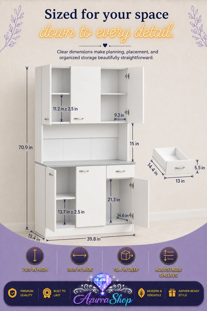 White pantry hutch with a built-in drawer, shown open with dimension measurements labeled for the cabinet and compartments.
