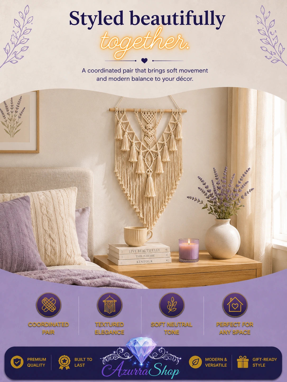Macrame wall hanging displayed above a wooden nightstand with pillows, a candle, and a vase of lavender in a bedroom.