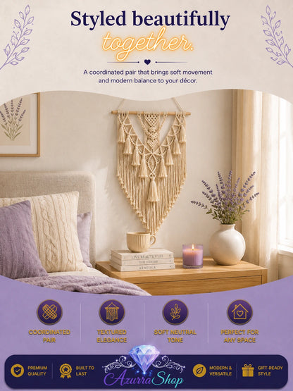 Macrame wall hanging displayed above a wooden nightstand with pillows, a candle, and a vase of lavender in a bedroom.